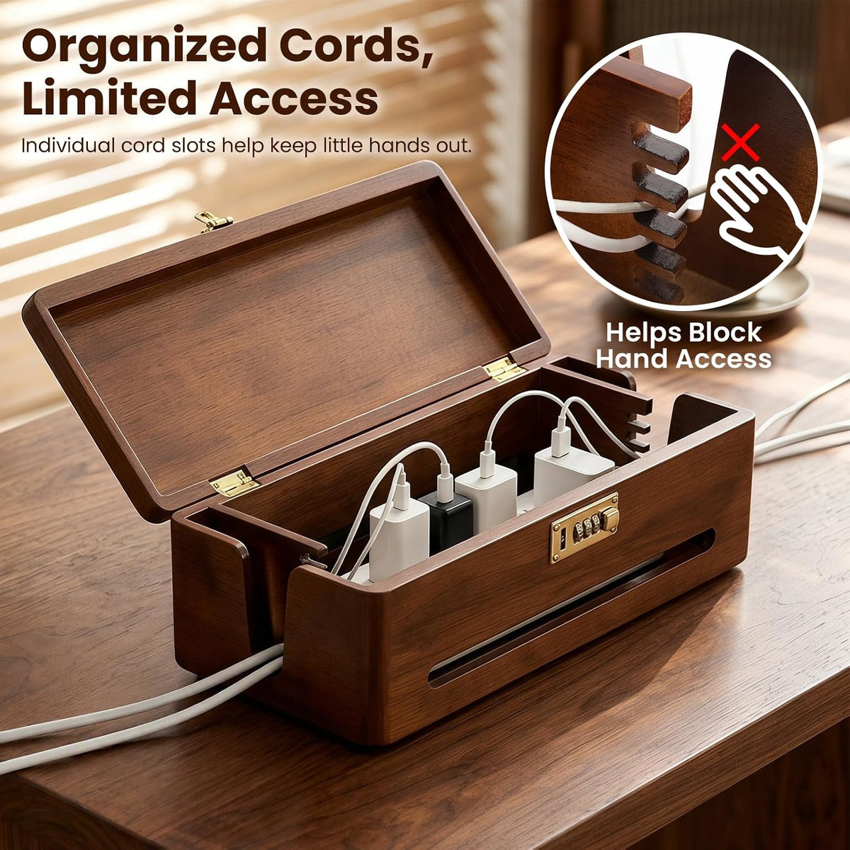 Solid Wood Cable Management Box with Combination Lock, Power Strip Cover to Help Limit Child Access, Large Cord Hider for Desks, TV Stands & Home Offices
