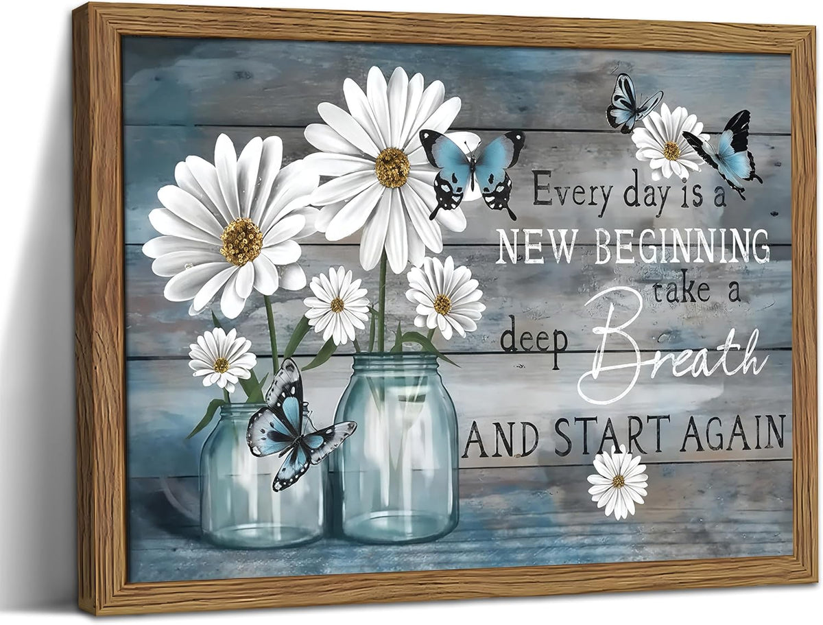 Wood Framed Daisy Butterfly Wall Art, Blue Rustic Farmhouse Canvas Wall Decor Paintings, Inspirational Flower Still Life Posters Prints Pictures for Bathroom Bedroom Home Decor 12x16 Inch