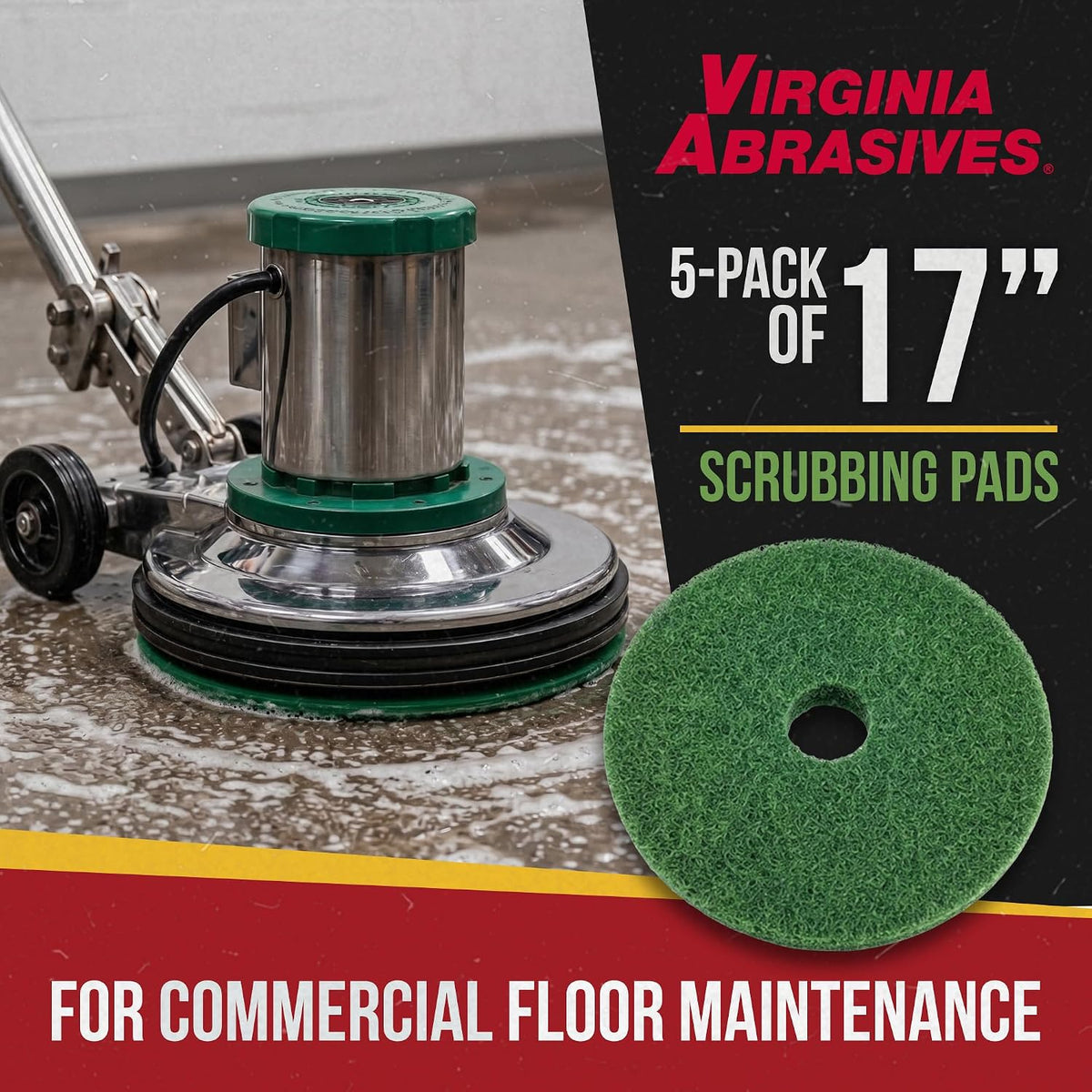 Green Floor Maintenance Pads, Deep Cleaning & Light Stripping, 17" - 5 Pack