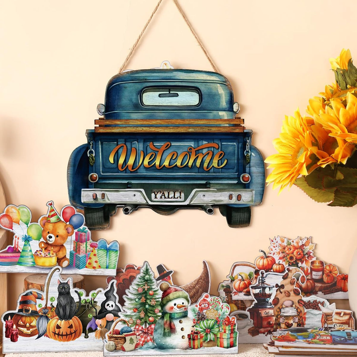 21 Pcs Interchangeable Seasonal Welcome Sign Front Door Decoration