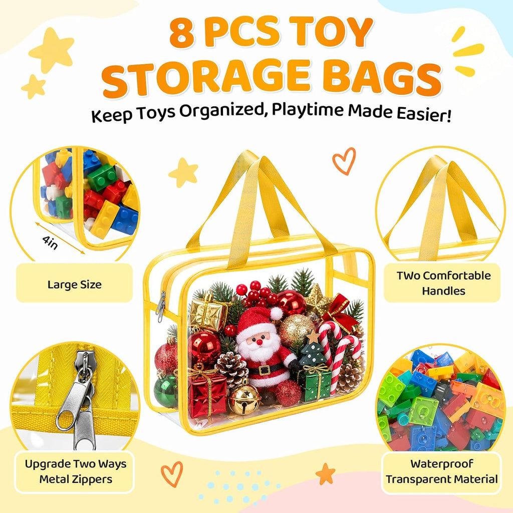8 Packs 3 Colors Large Toy Storage Bags with Zipper and Labels, Clear PVC Waterproof Toy Organizers Bags for Board Games, Puzzles Pieces, Building Blocks, Handmade Accessories