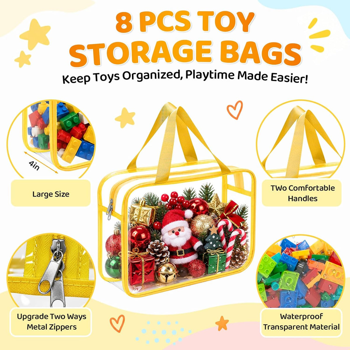 8 Packs 3 Colors Large Toy Storage Bags with Zipper and Labels, Clear PVC Waterproof Toy Organizers Bags for Board Games, Puzzles Pieces, Building Blocks, Handmade Accessories