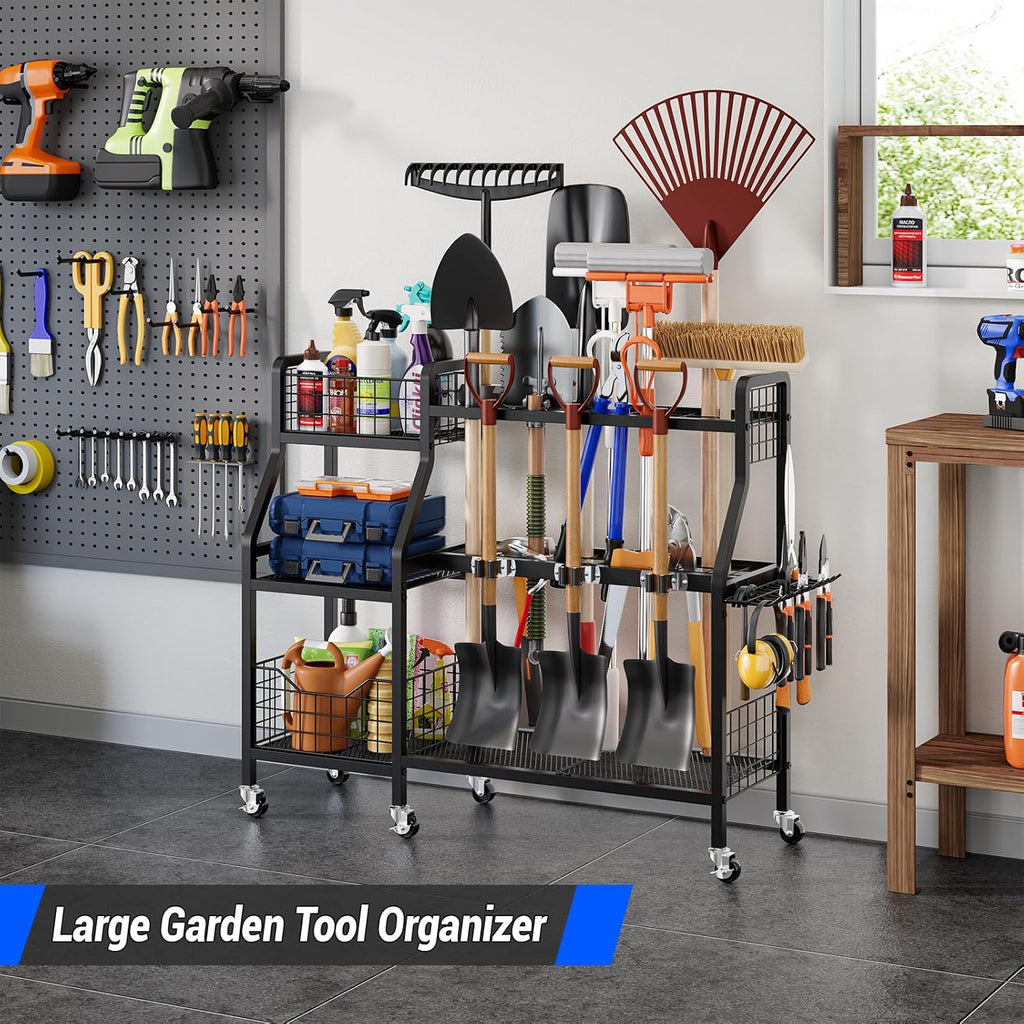 Heavy-Duty Garden Tool Organizer with 6 Wheels and 2 Baskets