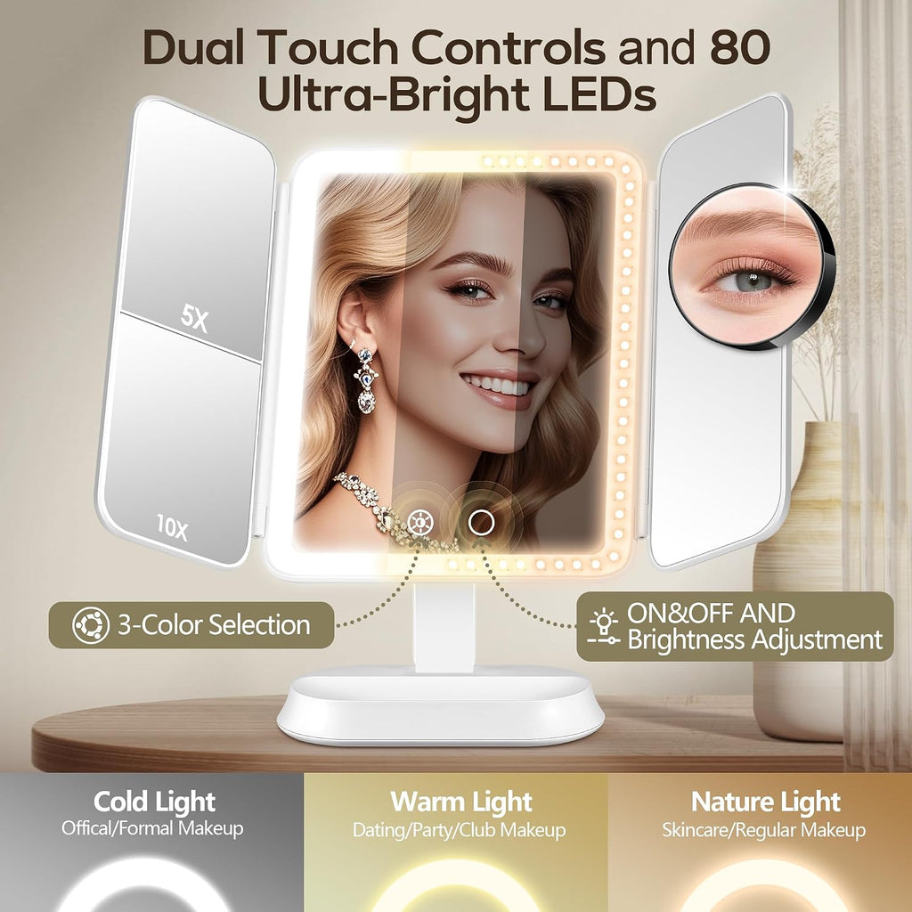 GOMIPURU Vanity Mirror with Lights, Lighted Makeup Mirror with 30X/10X/5X Magnification, Rechargeable Trifold Mirror with 3 Color&Adjustable Brightness, Travel Makeup Mirror with Lights for Desk,Gifts
