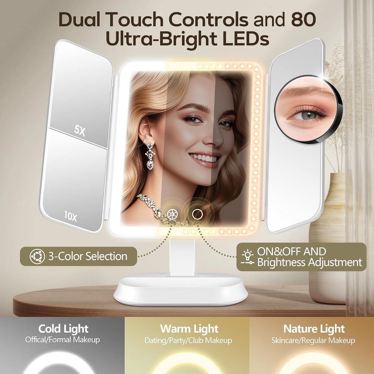GOMIPURU Vanity Mirror with Lights, Lighted Makeup Mirror with 30X/10X/5X Magnification, Rechargeable Trifold Mirror with 3 Color&Adjustable Brightness, Travel Makeup Mirror with Lights for Desk,Gifts