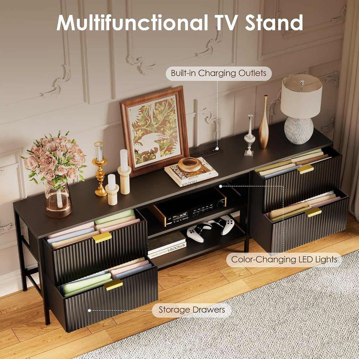 63 Inch Black Fluted TV Stand with Storage, Entertainment Center