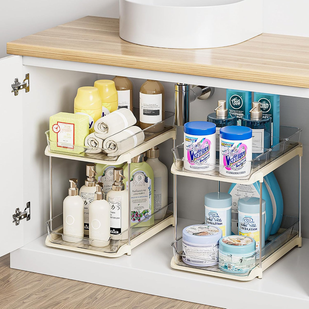 Delamu 2-Tier Multi-Purpose Bathroom Under Sink Organizers and Storage, Stackable Kitchen Pantry Organization, Pull Out Medicine Cabinet Organizer with Movable Dividers, Beige, 2 Pack