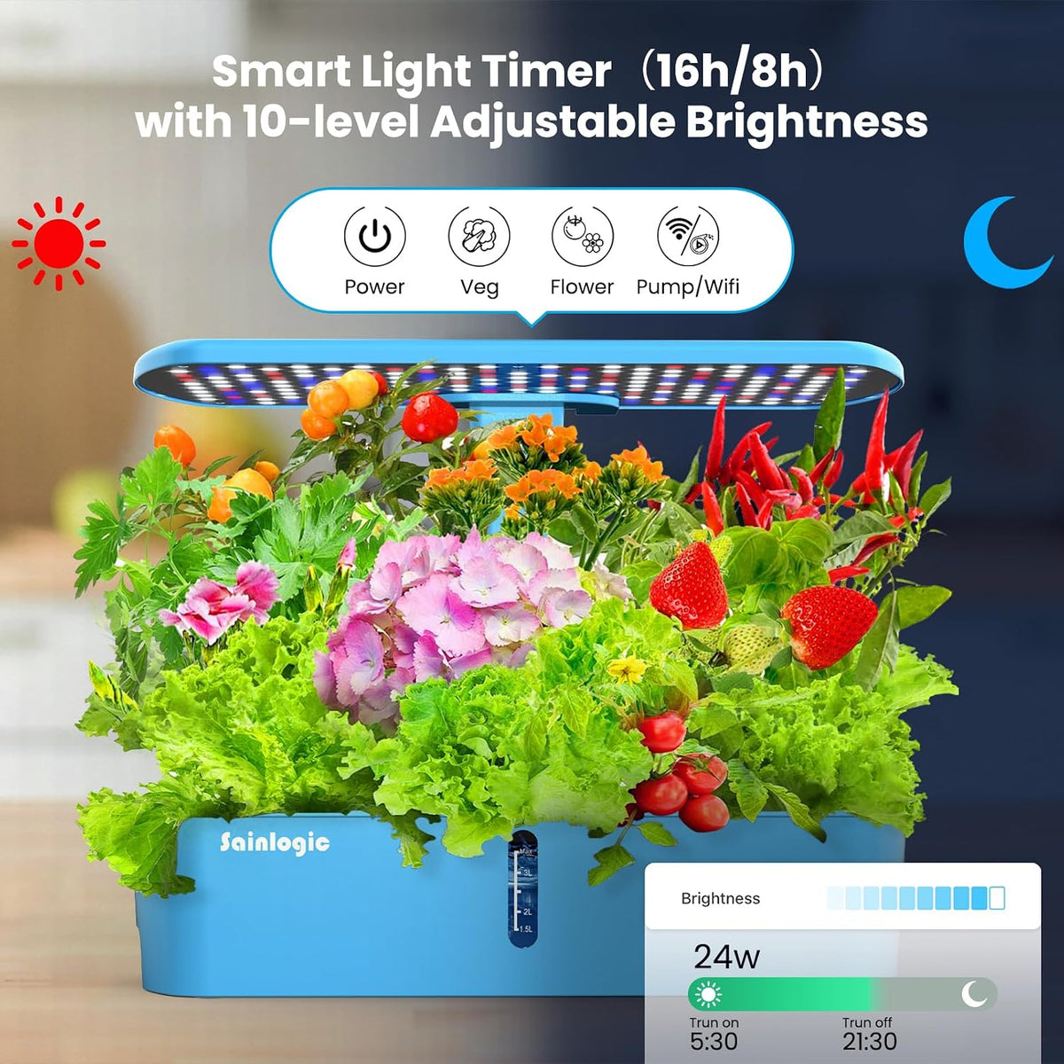 Sainlogic Hydroponics Growing System, 12-Pod Indoor Herb Garden with 24W LED Grow Light, WiFi App Control, Adjustable Height, Quiet Pump & Auto Timer for Herbs and Vegetables