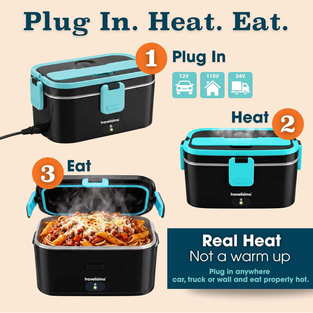 TRAVELISIMO Extra-Large Electric Lunch Box For Adults Holds up to 8 Cups - 100W Heated Lunch Box For Men 1.8L, Portable Food Warmer for Travel & Work, Loncheras Electricas Para Calentar Almuerzo