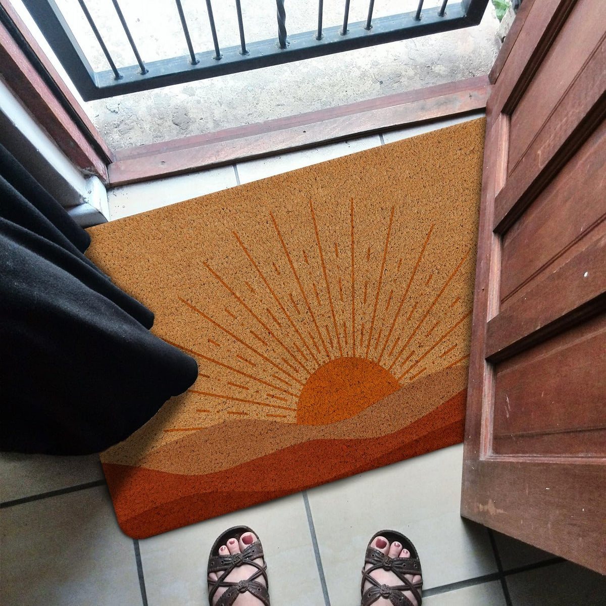 Boho Neutral Sun Sunshine Mid Century Modern Door Mat Outdoor Entrance ，Boho Decorations Outdoor Entrance Coir Doormat 17x30 inch