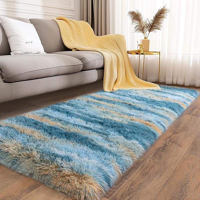 Soft Runner Rugs for Bedroom Hallways, 2x6 Abstract Blue Fluffy Shag Throw Area - Image 3