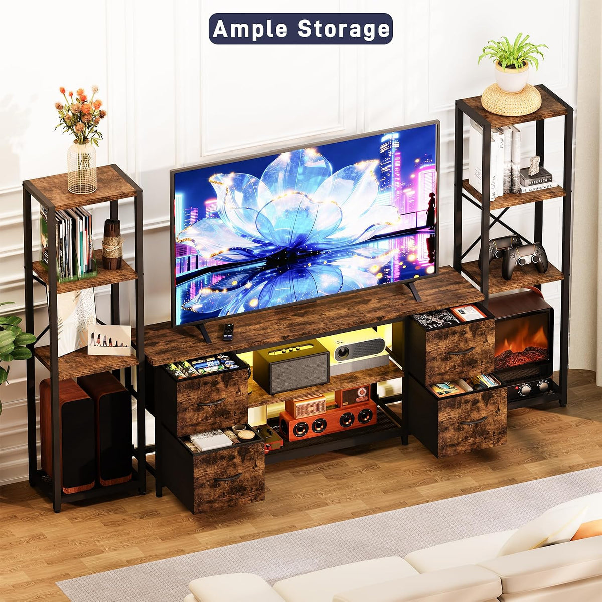 LED TV Stand Entertainment Center Bookshelf Combo with Charging Station