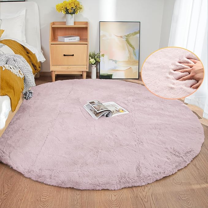 ORINOVA Pink Fluffy Round Rugs 6ft Large Circle Washable Faux Rabbit Shaggy Fur by ORINOVA
