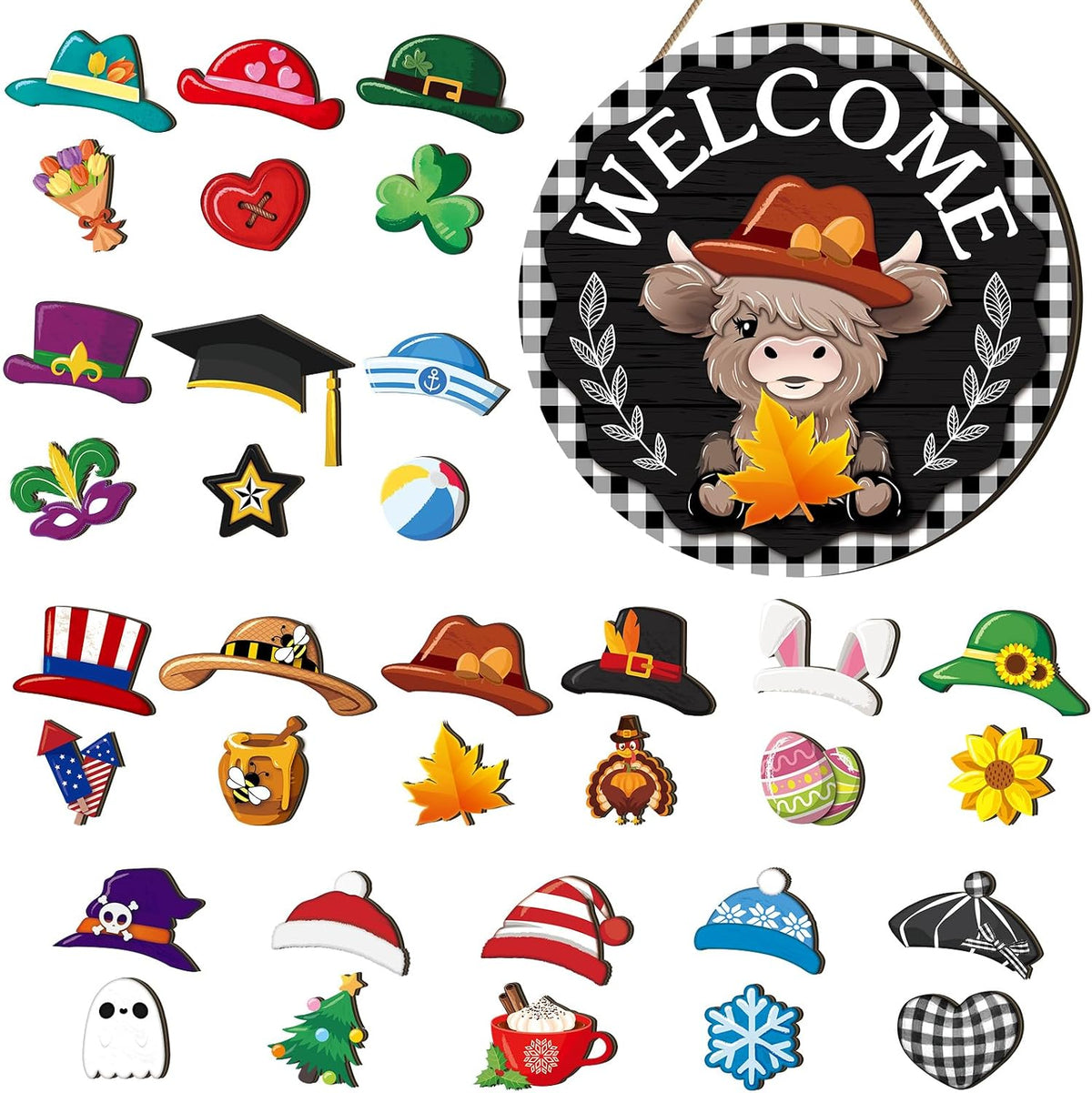 Vicenpal 35 Pcs Fall Interchangeable Highland Cow Welcome Sign, Plaid