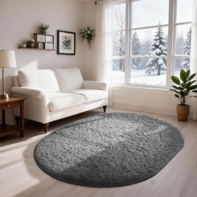 Ophanie 4x6 Oval Grey Rugs for Bedroom Living Room, Fluffy Fuzzy Furry Carpet - Image 6