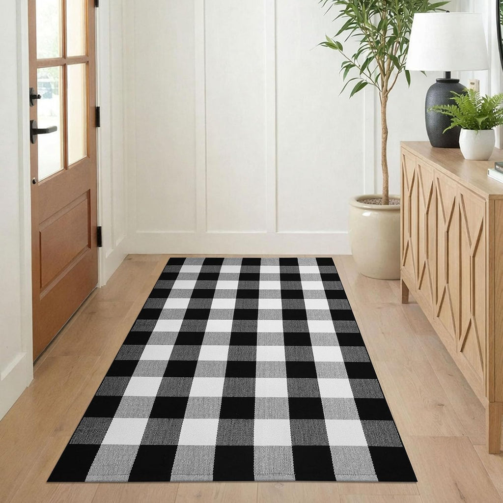 KILOCOCO Buffalo Plaid Checkered Rug 3x5 ft Black White Front Door Rug
