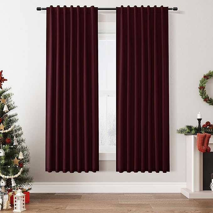 Burgundy 100% Blackout Linen Curtains 72 Inch Length 2 Panels Set by Guken