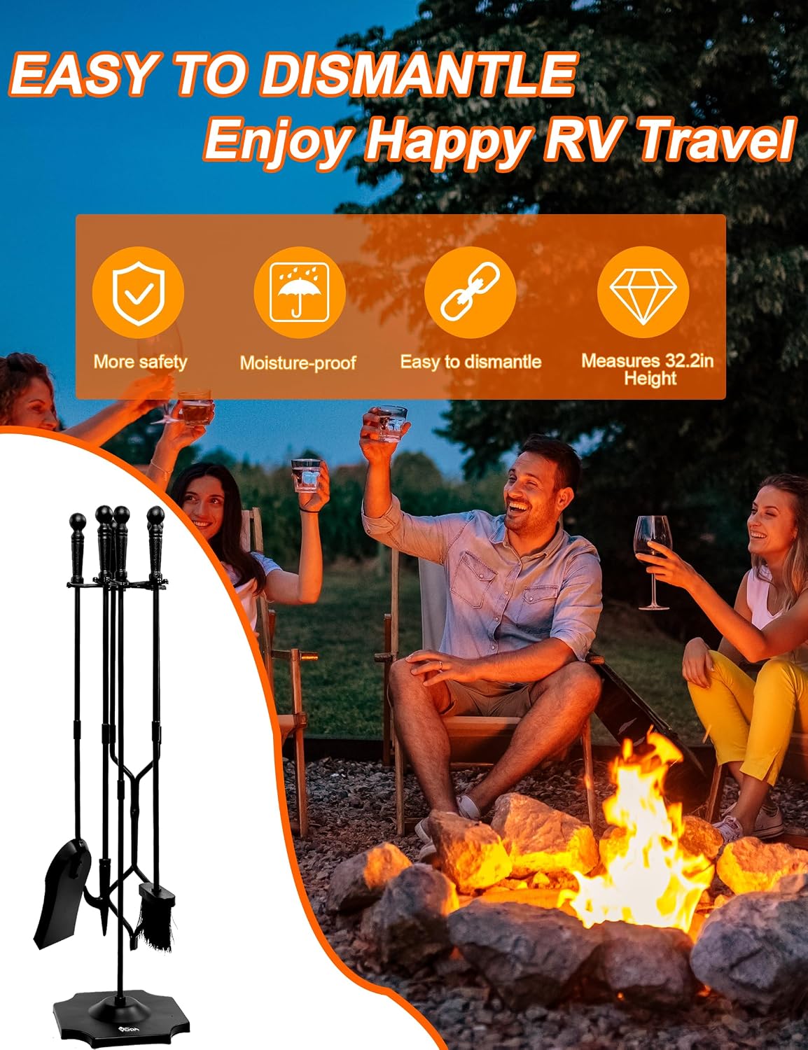 Large 5 Pcs Fireplace Tools Set Black Fire Place Tools Indoor Outdoor Fire Place Poker Set with Stand, Including Fireplace Poker,Fireplace Tongs,Fireplace Shovel,Fireplace Brush and Sturdy Base