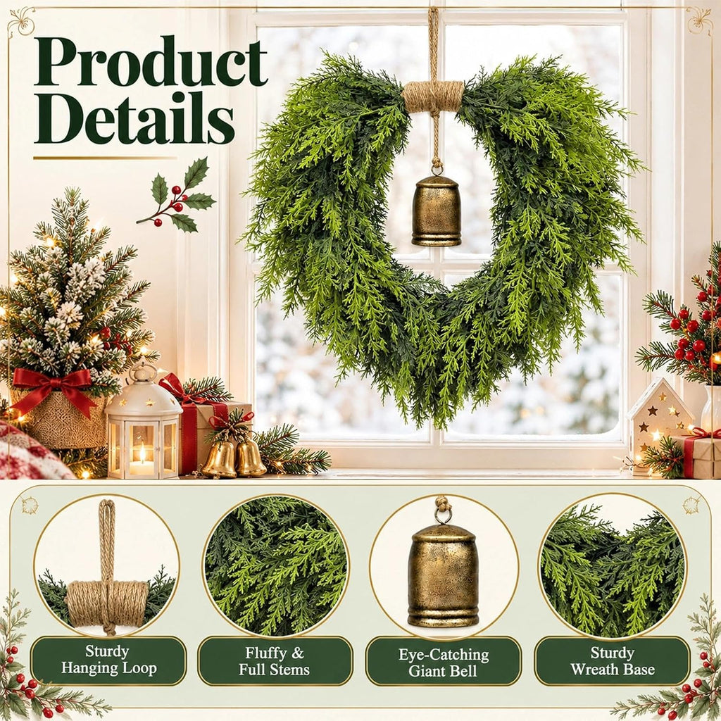 Heart Shaped Christmas Wreath for Front Door, Artificial Norfolk Pine and Cedar Greenery with Rustic Jute Rope and Vintage-Style Bell, Indoor and Outdoor Holiday Decor