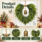 Heart Shaped Christmas Wreath for Front Door, Artificial Norfolk Pine and Cedar Greenery with Rustic Jute Rope and Vintage-Style Bell, Indoor and Outdoor Holiday Decor