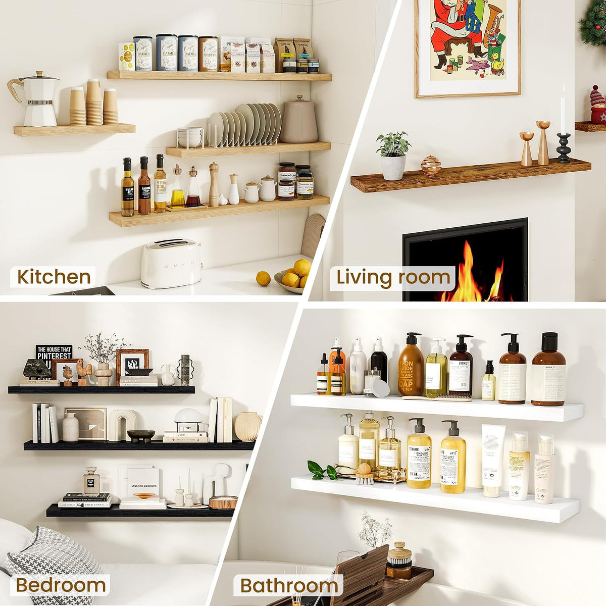Dreamland 18" Floating Shelves, Rustic Wooden Black Wall Shelves for Bathroom|Bedroom|Kitchen, Deep Wall Mounted Book Shelf, Wood Storage Display Shelf for Home Decor, Set of 2