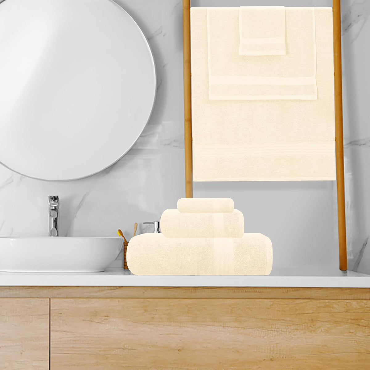 GLAMBURG Ultra Soft 8-Piece Towel Set - 100% Pure Ringspun Cotton, Contains 2 Oversized Bath Towels 27x54, Hand 16x28, 4 Wash Cloths 13x13 Ideal for Everyday use, Hotel & Spa Ivory Cream