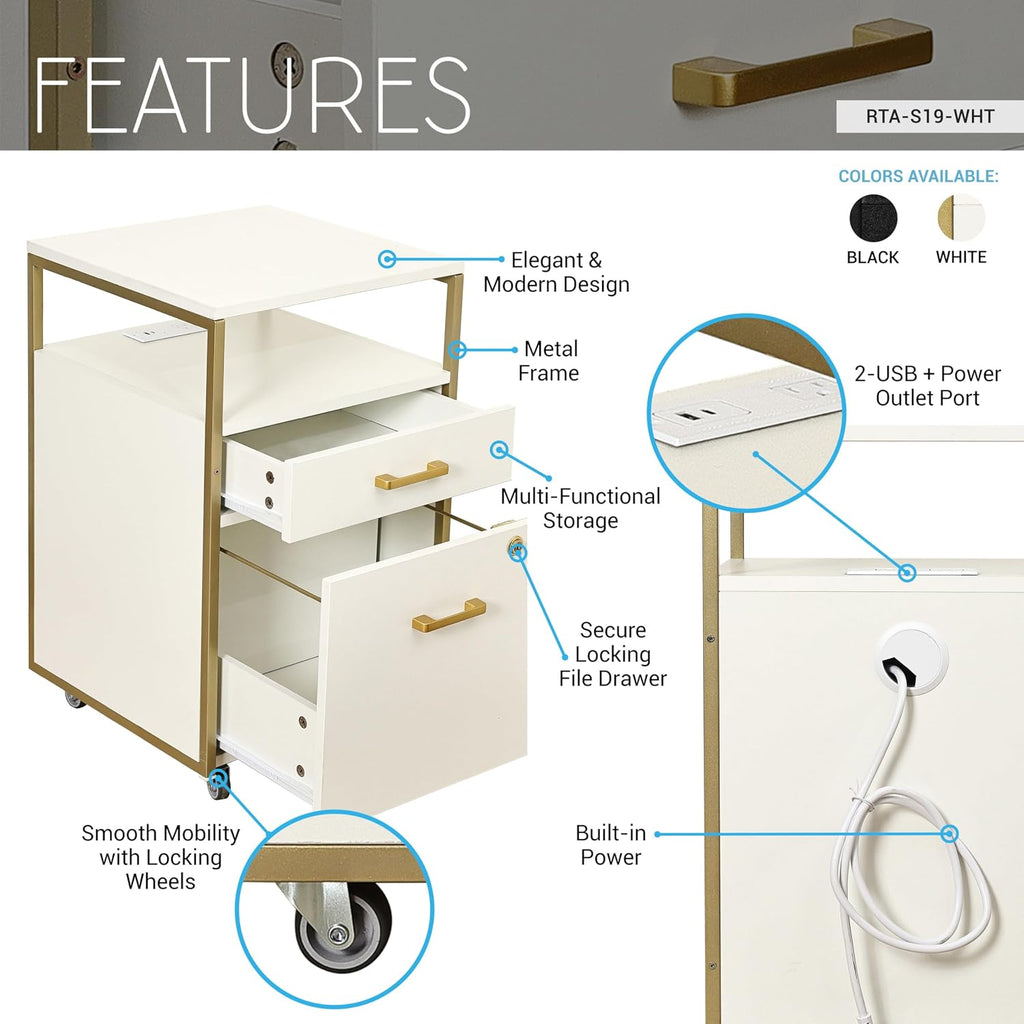 Techni Mobili 2‑Drawer Rolling File Cabinet with Lock, USB & Power Outlet
