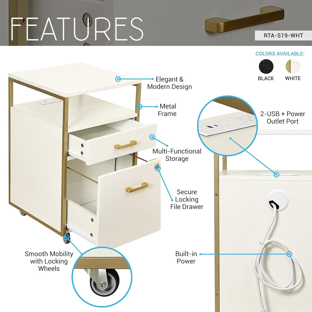 Techni Mobili 2‑Drawer Rolling File Cabinet with Lock, USB & Power Outlet