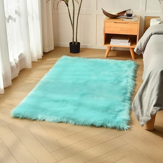 duduta Turquoise Blue Faux Sheepskin Fur Rug 3x5 ft, Fluffy Shag Bedroom Dorm by duduta