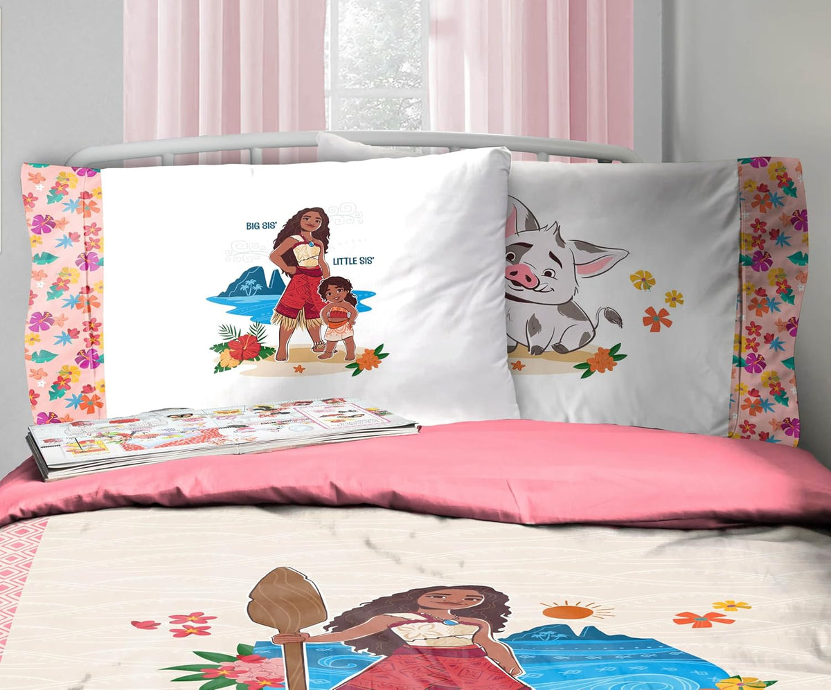Disney Moana Queen Comforter Set 7 Piece Kids Bedding for Girls, Beige