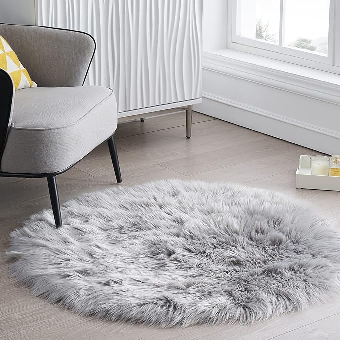 Ciicool Grey Fluffy Round Fur Area Rug - Image 2