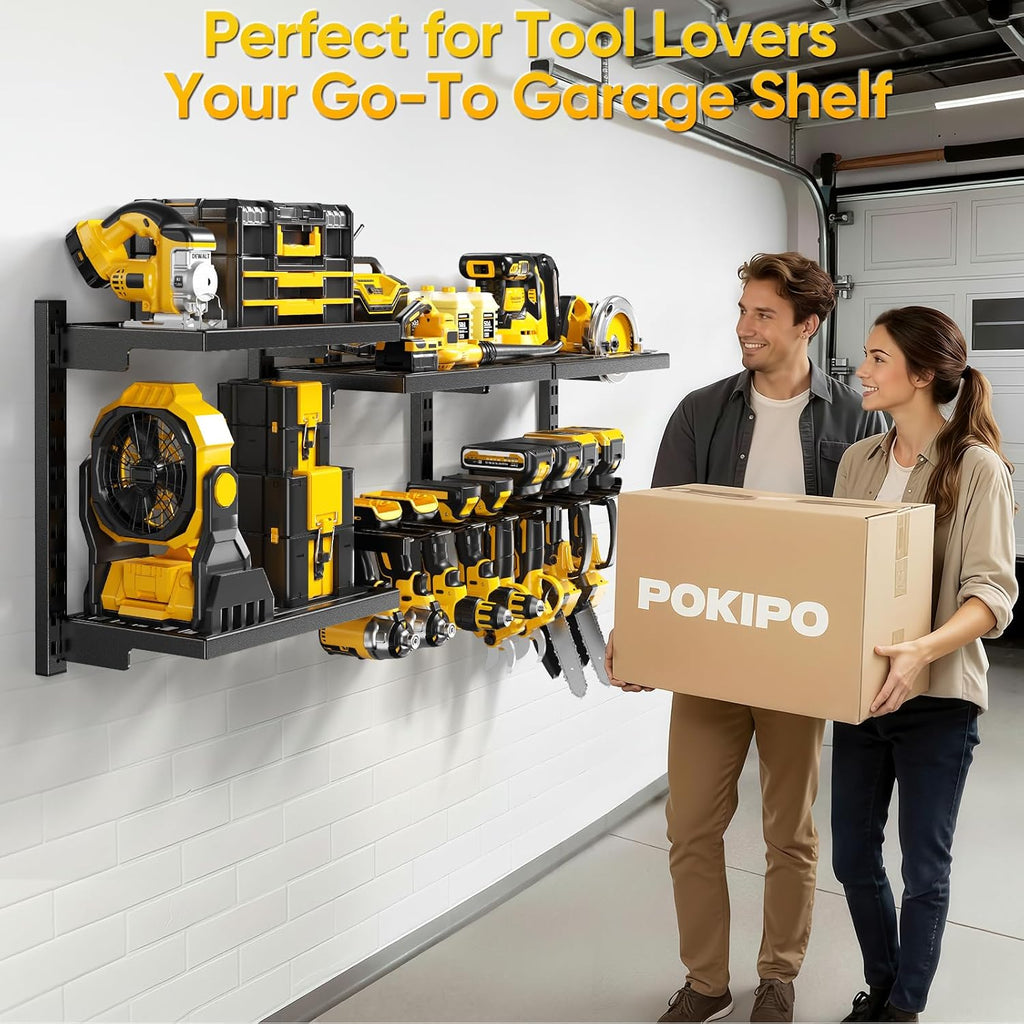 POKIPO Large Modular Power Tool Organizer Wall Mount With 6 Adjustable Shelf, Heavy Duty Iron Tool Storage Rack Loads 300lbs with 8 Cordless Tools Drill Holder,Battery Utility Rack for Garage Workshop