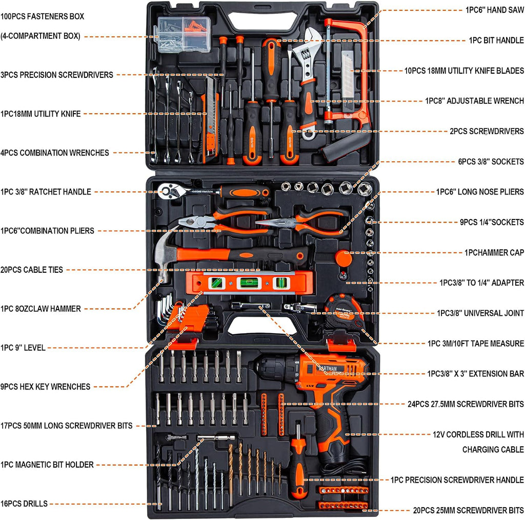 CARTMAN 260-Piece Tool Set With 12V Cordless Drill, Orange Drawer Tool Box