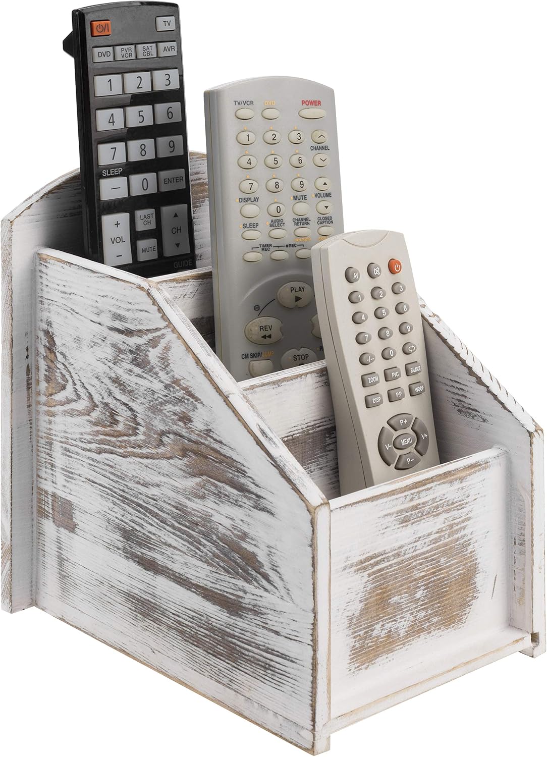 MyGift Whitewashed Wood TV Remote Control Holder with 3 Compartments