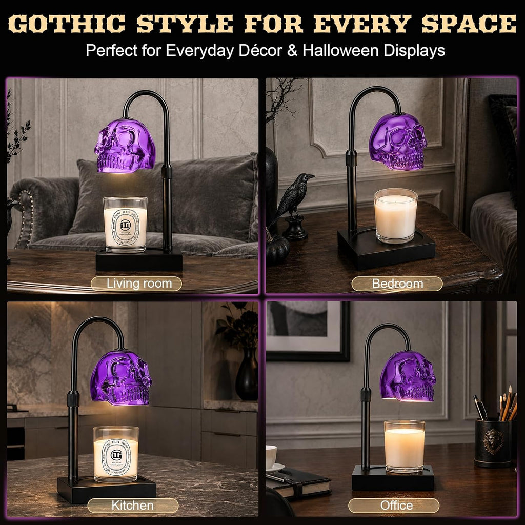 Skull Candle Warmer Lamp with Timer & Dimmer, Gothic Skull Wax Warmer Lamp for Jar Candles, Adjustable Height Skeleton Candle Light Warmer with 2 Bulbs, Spooky Goth Home Decor Gifts (Purple, 1pack)