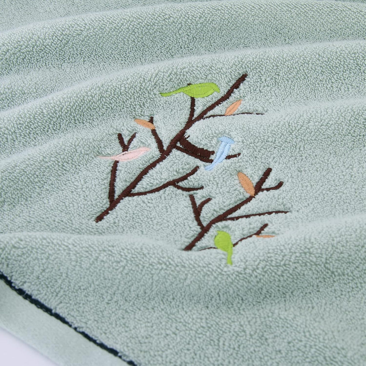 Pidada Embroidered Bird Tree Hand Towels for Bathroom Set of 2,Aqua Green
