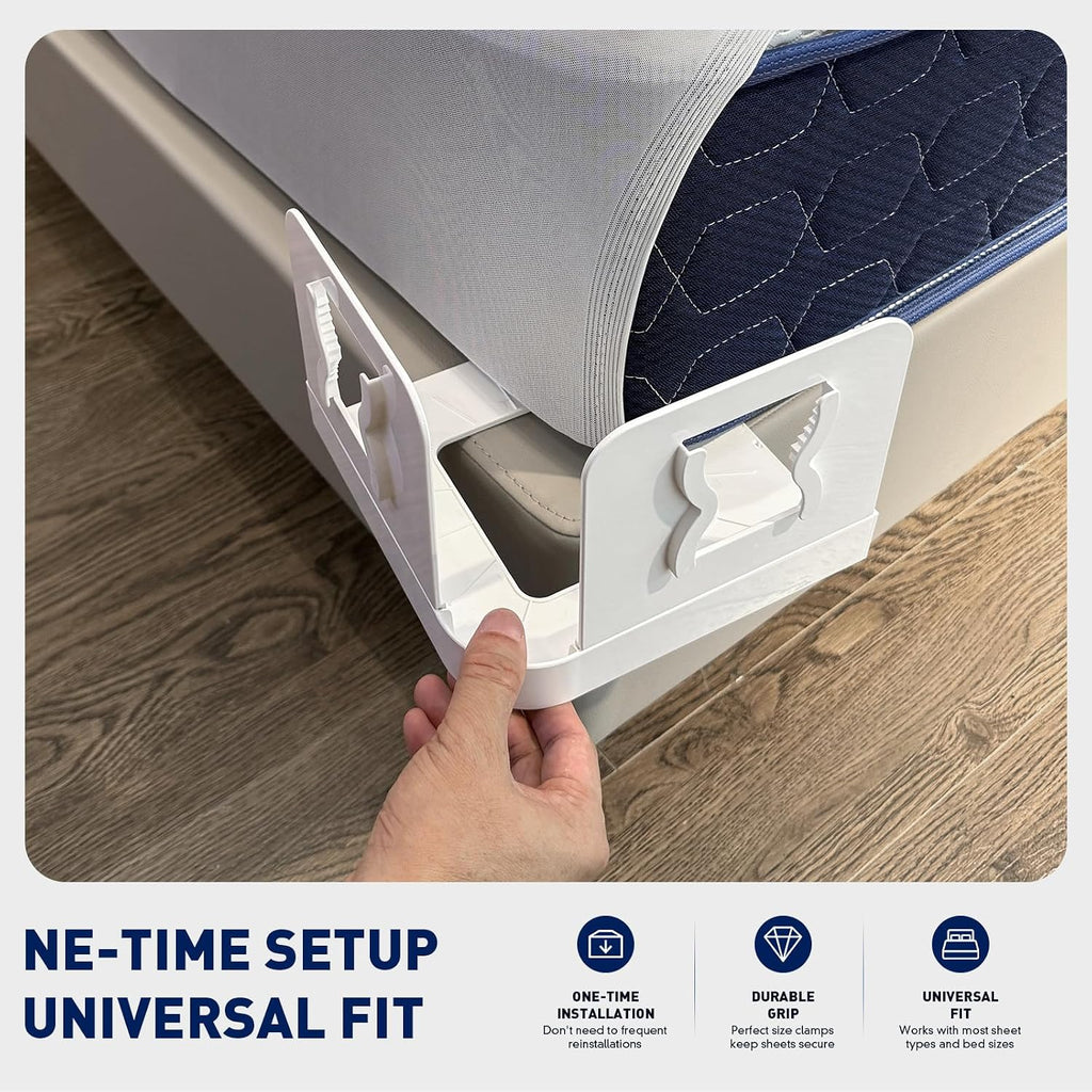Bed Sheet Holders Lock for Corners - Mattress Sheet Corner Holders Keep Firm Tight in Place Set of 4 (White)