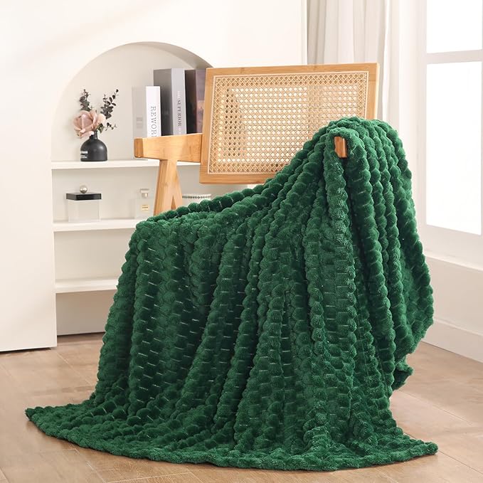 Dark Hunter Green Throw Blanket 50"×60" inches Fuzzy 3D Jacquard Decorative by Puncuntex