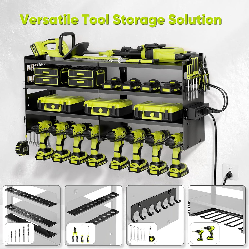 POKIPO Large Power Tool Organizer Wall Mount with Charging Station,4 Layer Heavy Duty Metal Tool Storage Rack Loads 600lbs with 8 Cordless Drill Holder,Battery Utility Rack Loads with 4 Power Strip