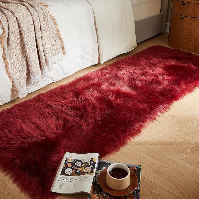 AMTOVO Faux Fur Rug, Burgundy Ultra Soft Fluffy Shag Sheepskin Rug, 2 x 6 ft by AMTOVO