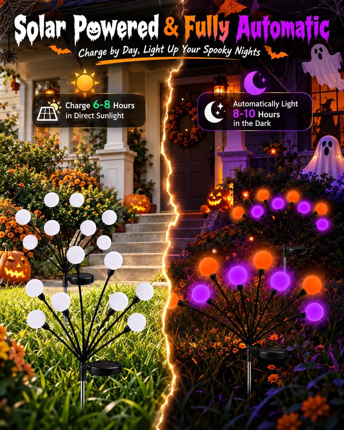 OZS 6 Pack Orange Purple Halloween Decorations Outdoor Solar Firefly Lights