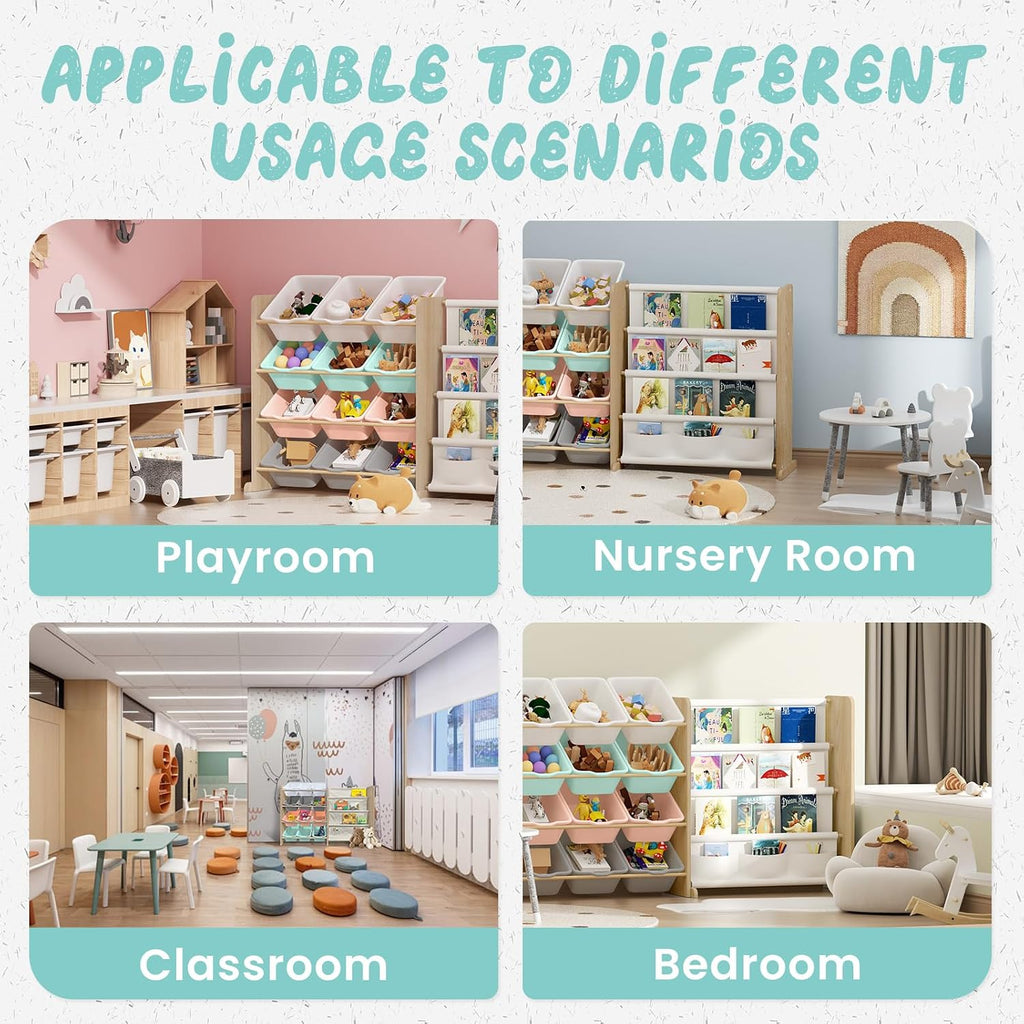 Kids Toy Storage Organizer with Bookshelf - 12 Multi-Color Bins and 4 Book Shelves, Organizers and Storage for Playroom, Nursery, Room, Burlywood