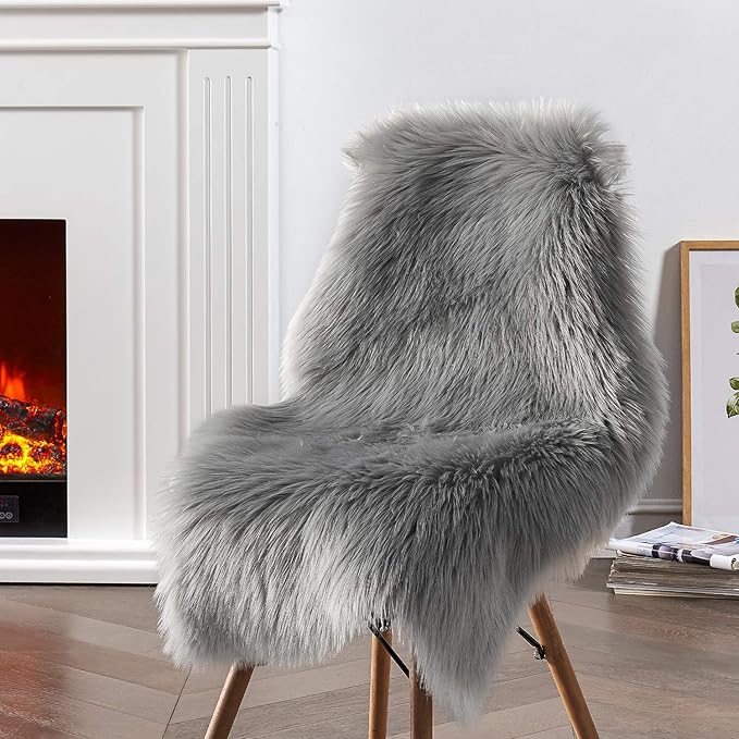 Ciicool Faux Sheepskin Rugs Soft Faux Fur Rug Grey Fluffy Chair Couch Cover - Image 3