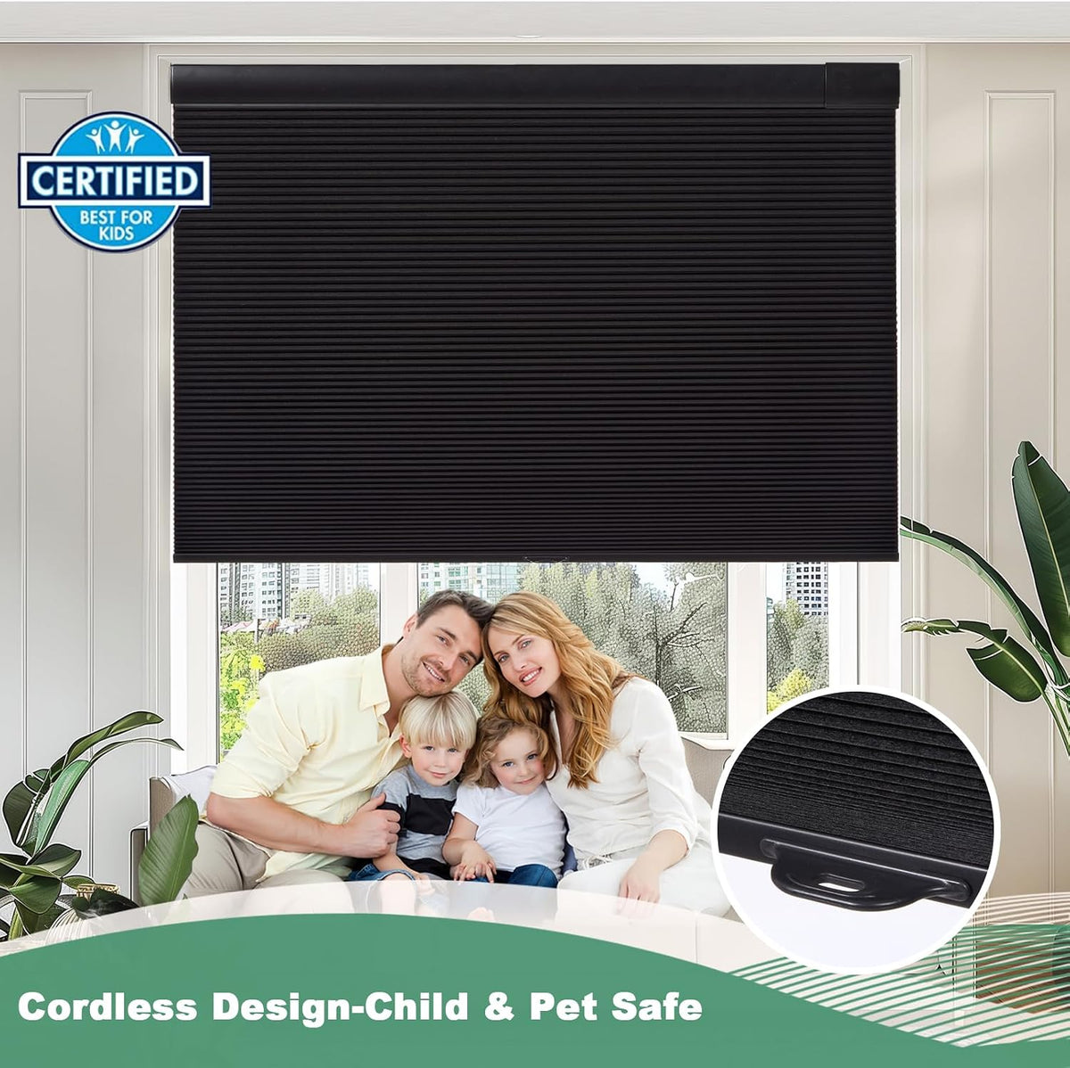 Tonature No Drill Cellular Shades for Indoor Windows, Thermal Insulating & Noise Reducing Honeycomb Blinds, Free Stop Cordless Blackout Shades, Black, 34 1/2" W x 64" H