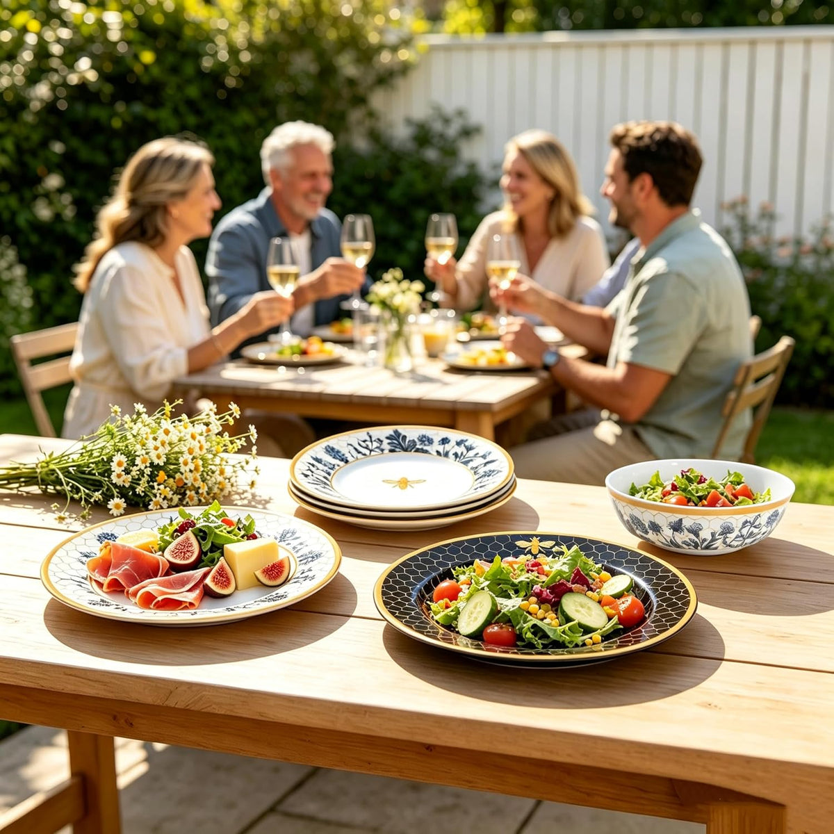 Floral Bee Melamine Dinnerware Set-18Piece Unbreakable Plates and Bowls Set