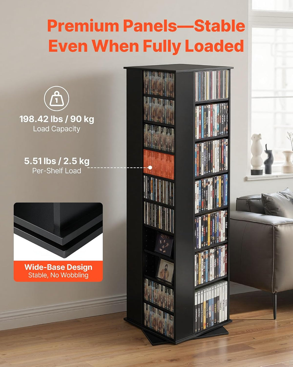 VEVOR Media Storage Cabinet, CD Rack Tower, 34 Compartments Rotating Media Tower Rack for CDs, DVDs, Books and Game Discs, DVD Stand for Living Room, Home Office and Recording Room, Black