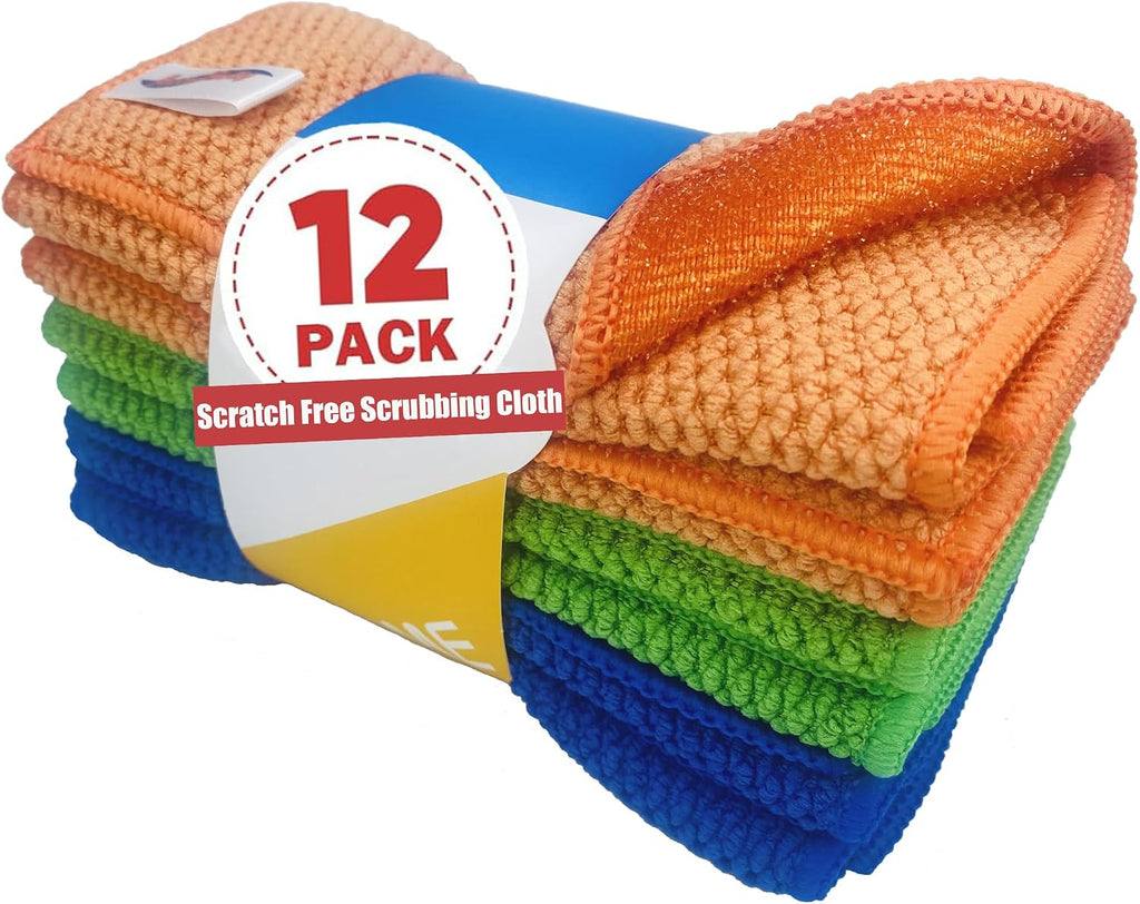 24-Pack Reusable, Scrub Dish Cloth –Non-Scratch Microfiber Scrubber, Planet-Friendly, Easy Rinsing, Quick Dry, Dishwasher Safe Cloth for Kitchen & Household, 6 x 6 Inch, Orange, Blue & Green Assorted