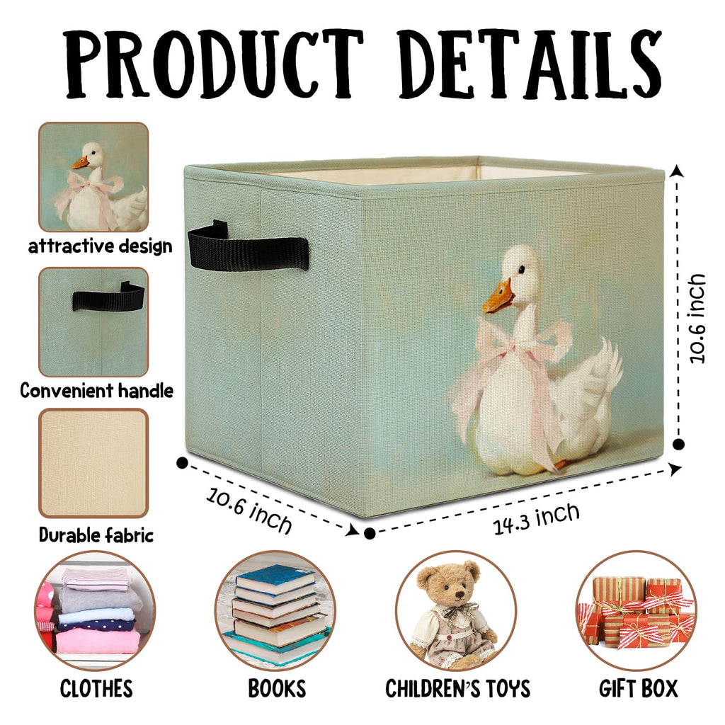 Coquette Pink Bow White Duck Storage Bins Box with Handles, Duck Lover Gifts Laundry Basket Hamper Collapsible Clothes Toys Organizer for Kids Girls Bedroom Bathroom Nursery