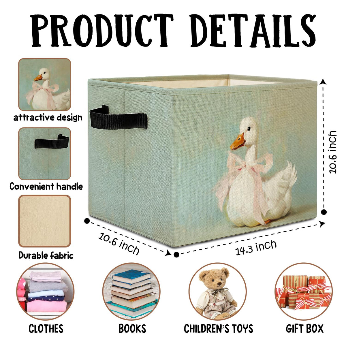 Coquette Pink Bow White Duck Storage Bins Box with Handles, Duck Lover Gifts Laundry Basket Hamper Collapsible Clothes Toys Organizer for Kids Girls Bedroom Bathroom Nursery