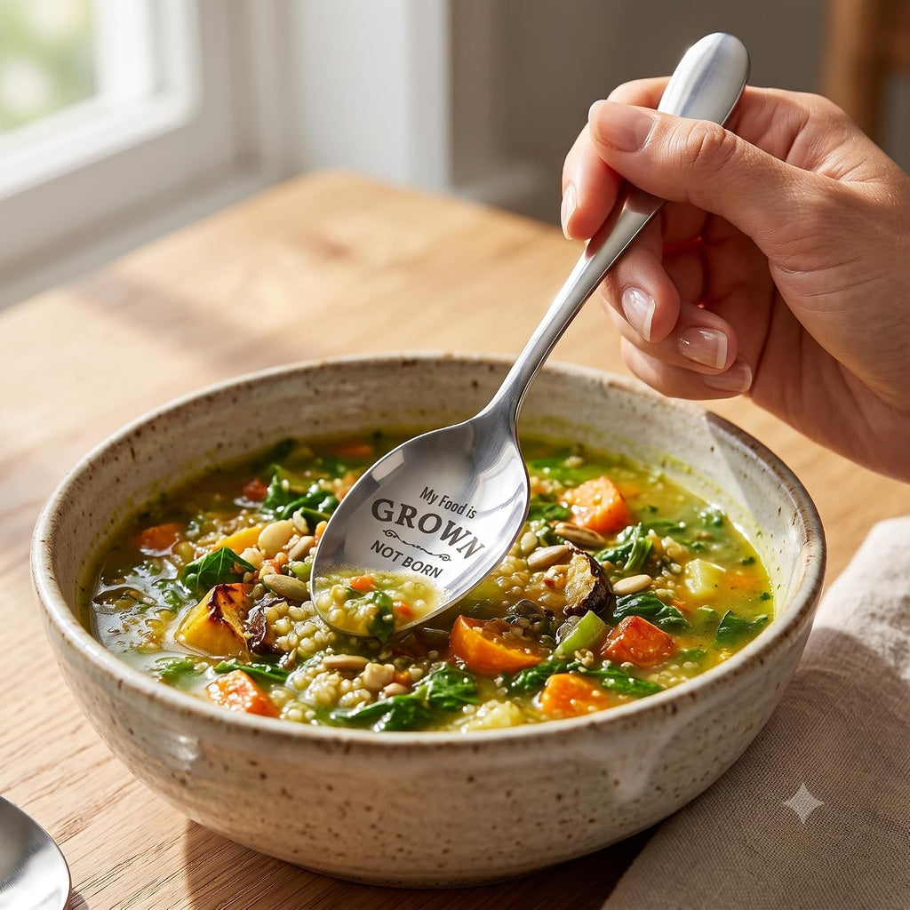 Spoons Silverware, Stainless Steel Coffee Spoons with My Food Is Grown Not Born Design, Reusable Decorative Spoon for Coffee, Tea, Desserts, Breakfast, Dining & Gifting